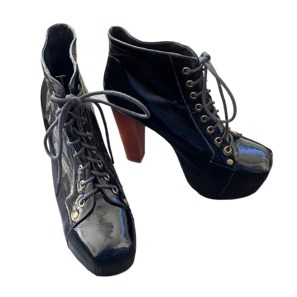 Jeffery Campbell Black Patent Leather Lita Boot with Wooden Heel Size 7.5